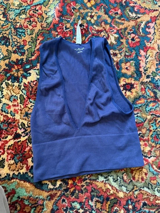 Urban Outfitters Deep V Ribbed Crop Tank Top - Navy Blue - Picture 1 of 3